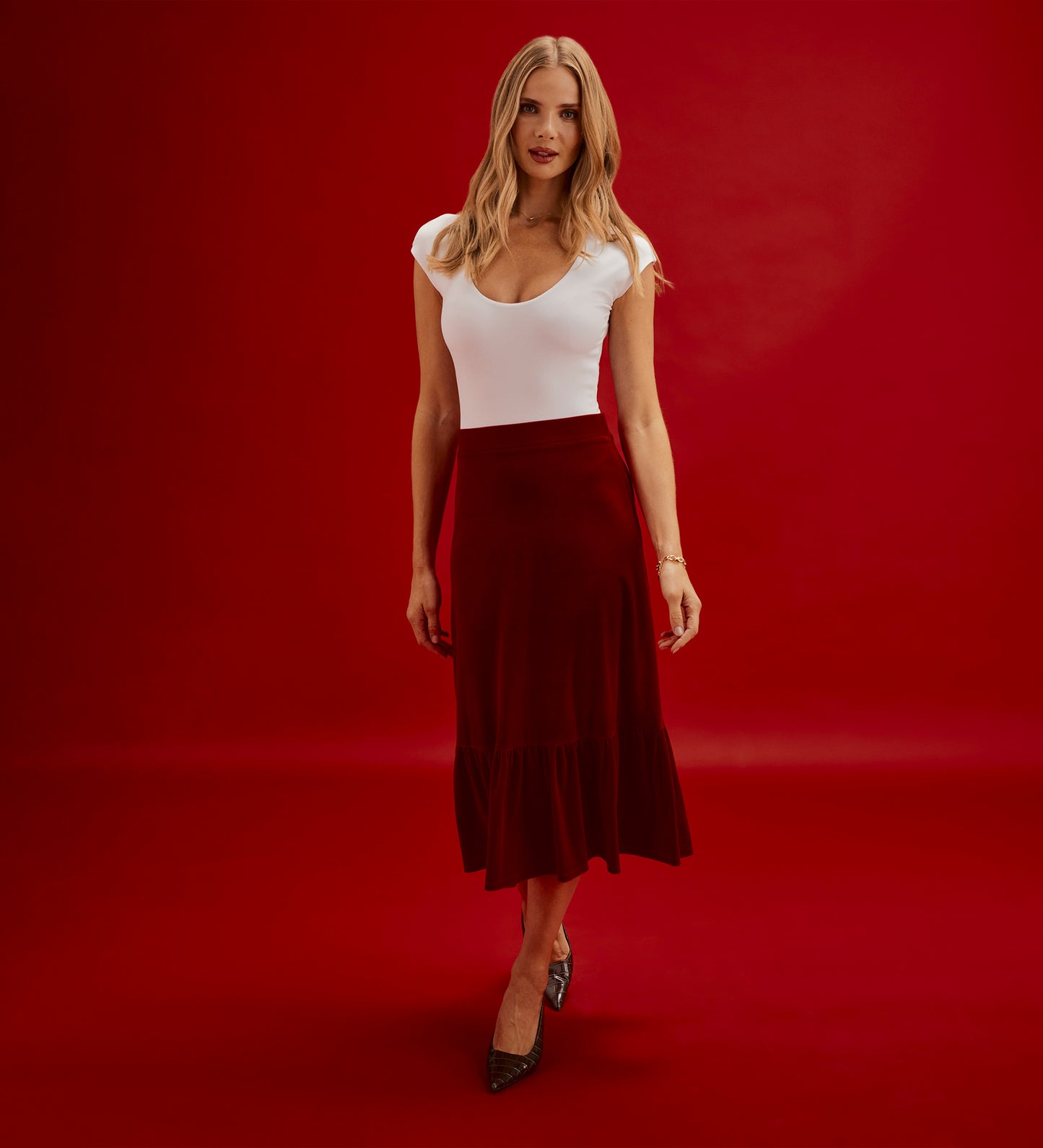 Joline Red Velvet Tiered Midi Skirt