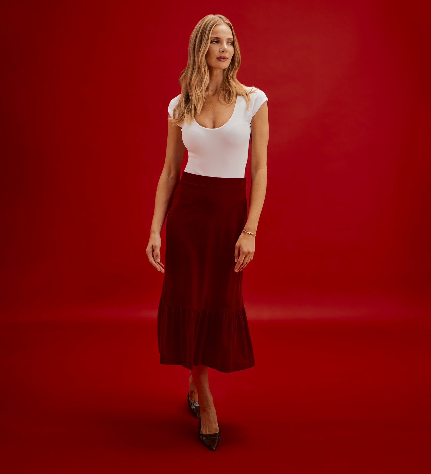 Joline Red Velvet Tiered Midi Skirt