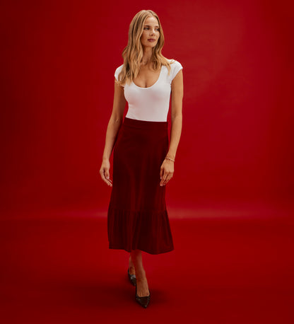 Joline Red Velvet Tiered Midi Skirt