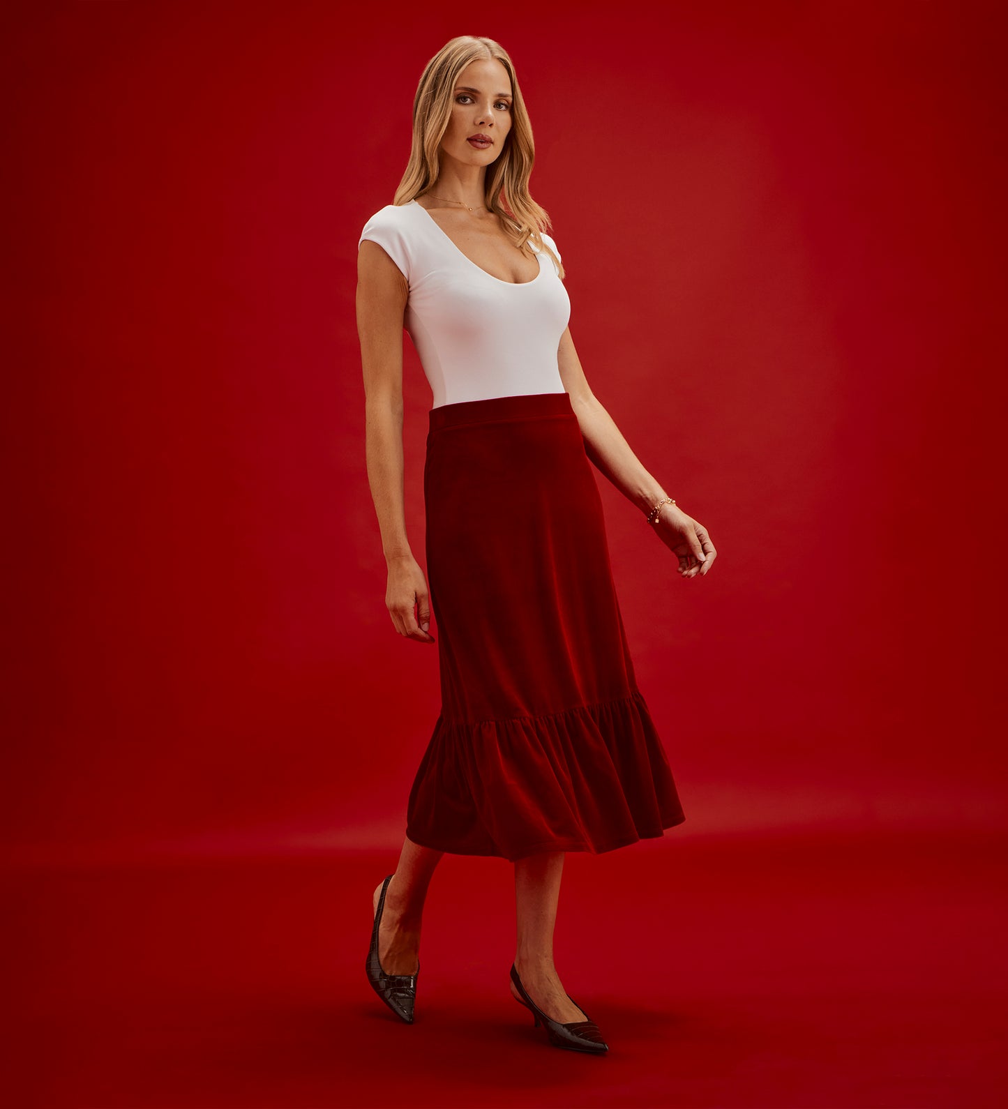 Joline Red Velvet Tiered Midi Skirt