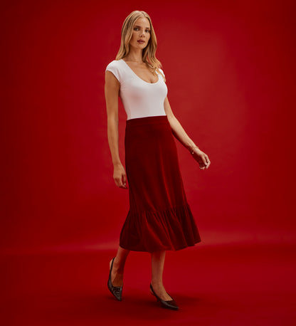 Joline Red Velvet Tiered Midi Skirt