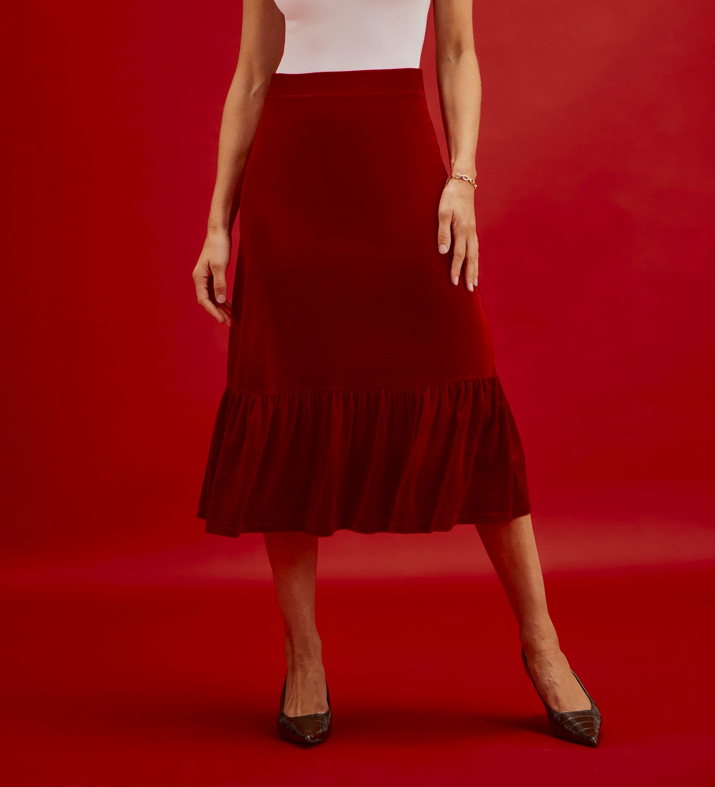 Joline Red Velvet Tiered Midi Skirt