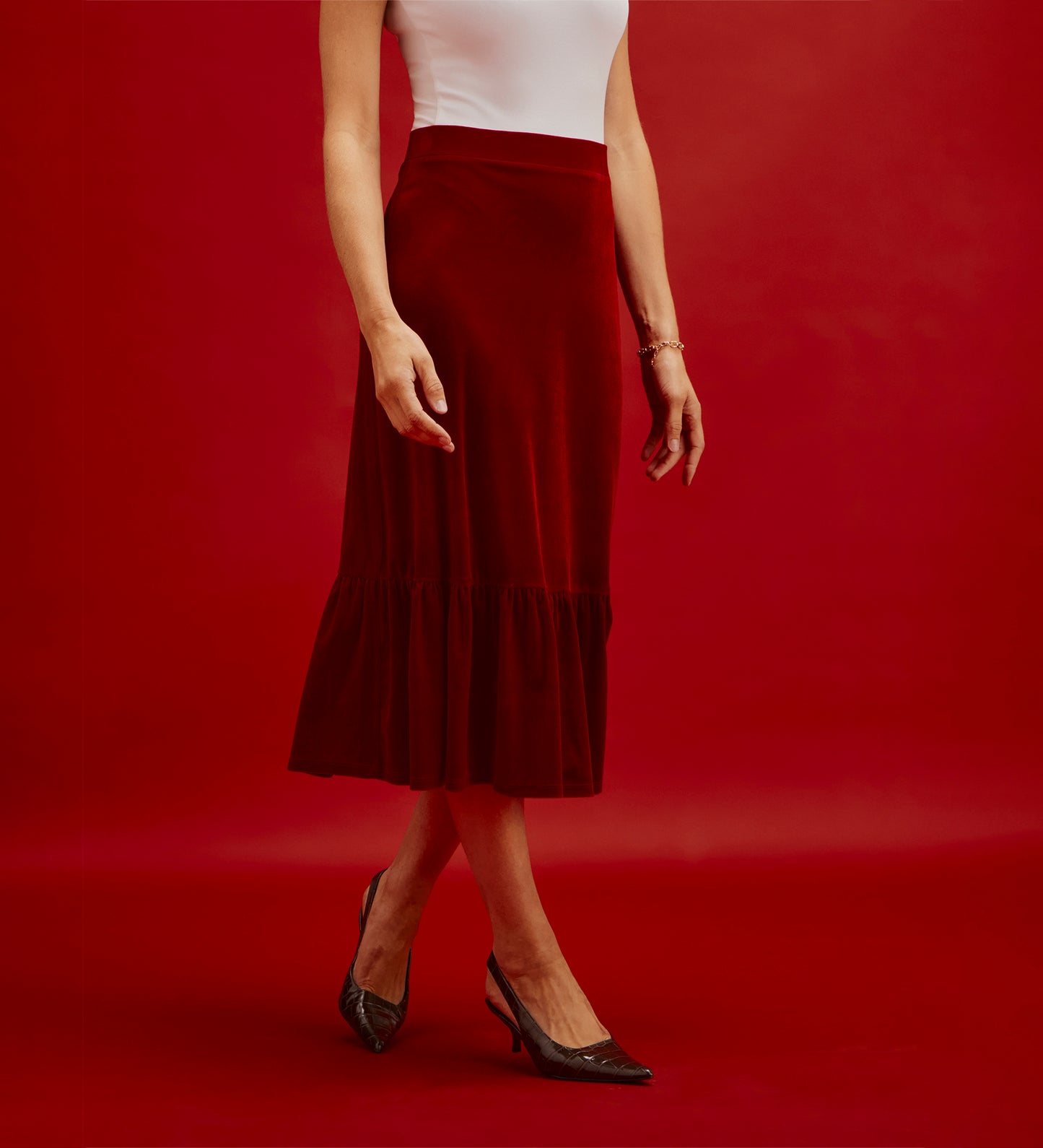 Joline Red Velvet Tiered Midi Skirt