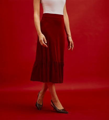 Joline Red Velvet Tiered Midi Skirt