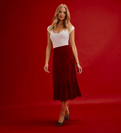 Joline Red Velvet Tiered Midi Skirt