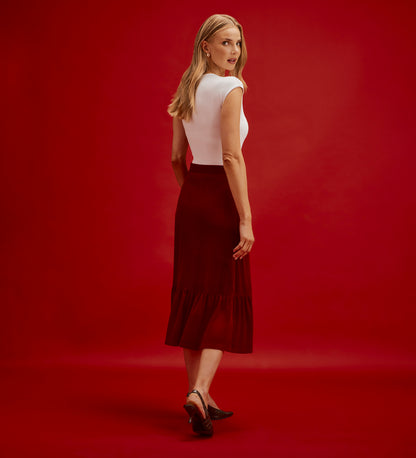 Joline Red Velvet Tiered Midi Skirt