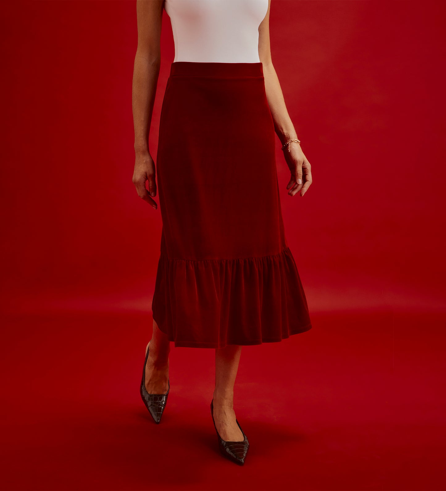 Joline Red Velvet Tiered Midi Skirt