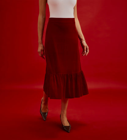Joline Red Velvet Tiered Midi Skirt