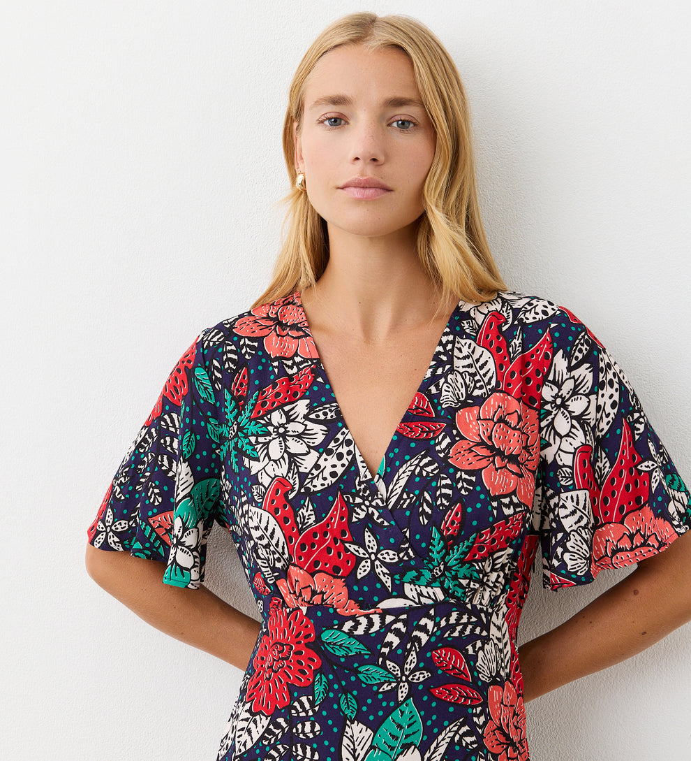 Torie Dress in Navy with Cream Floral Linen Blend main image 0