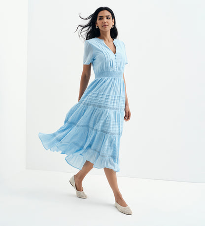 Juniper Pale Blue Cotton Lace Tiered Midi Dress