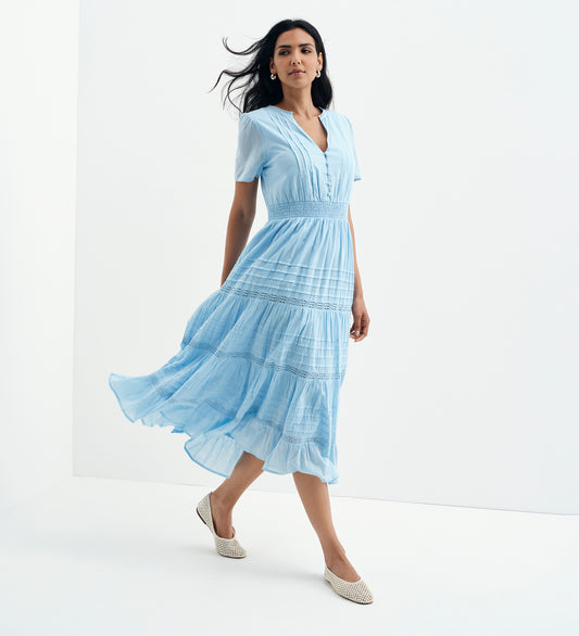 Juniper Pale Blue Cotton Lace Tiered Midi Dress