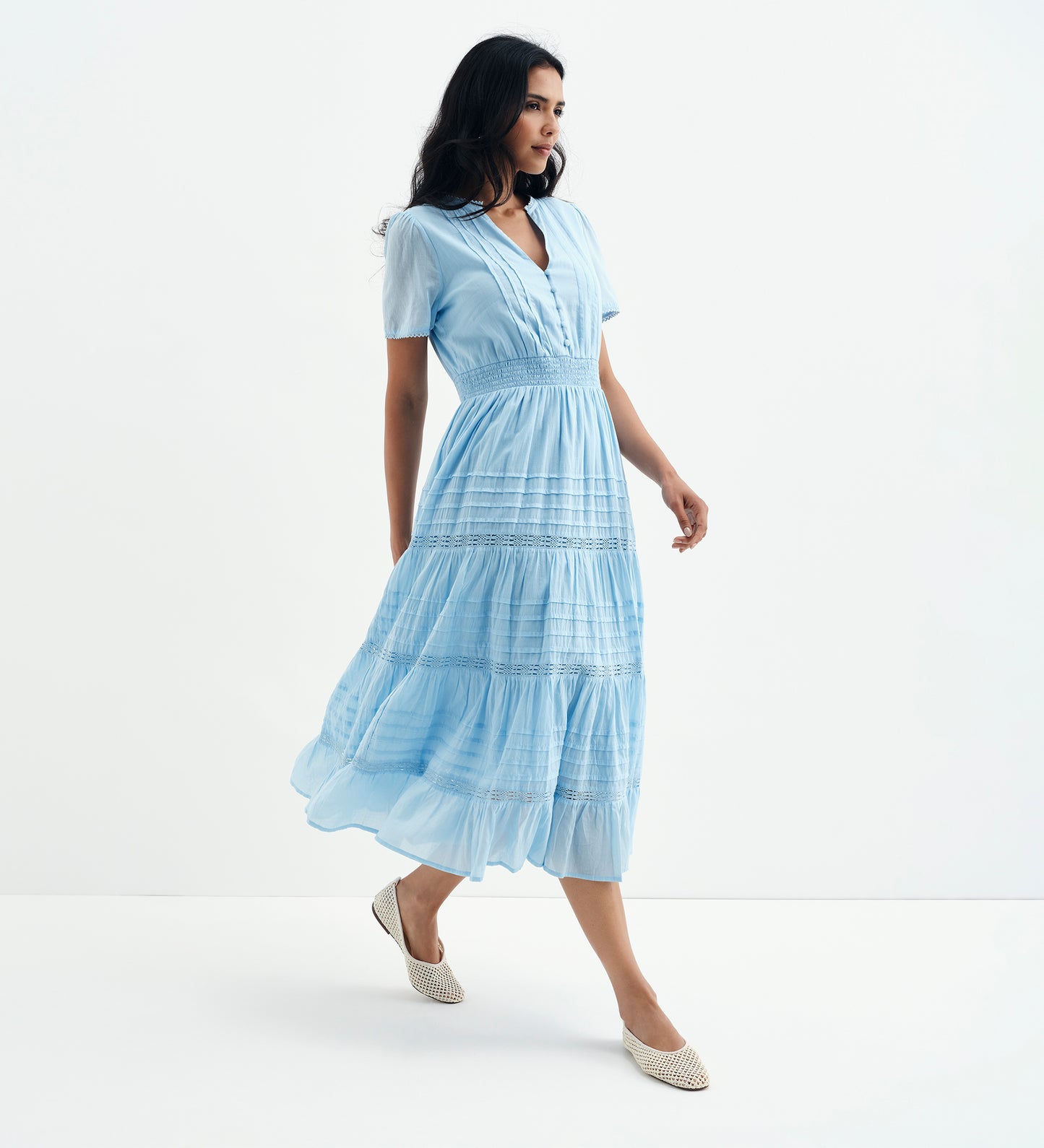 Juniper Pale Blue Cotton Lace Tiered Midi Dress
