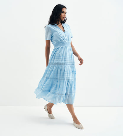 Juniper Pale Blue Cotton Lace Tiered Midi Dress
