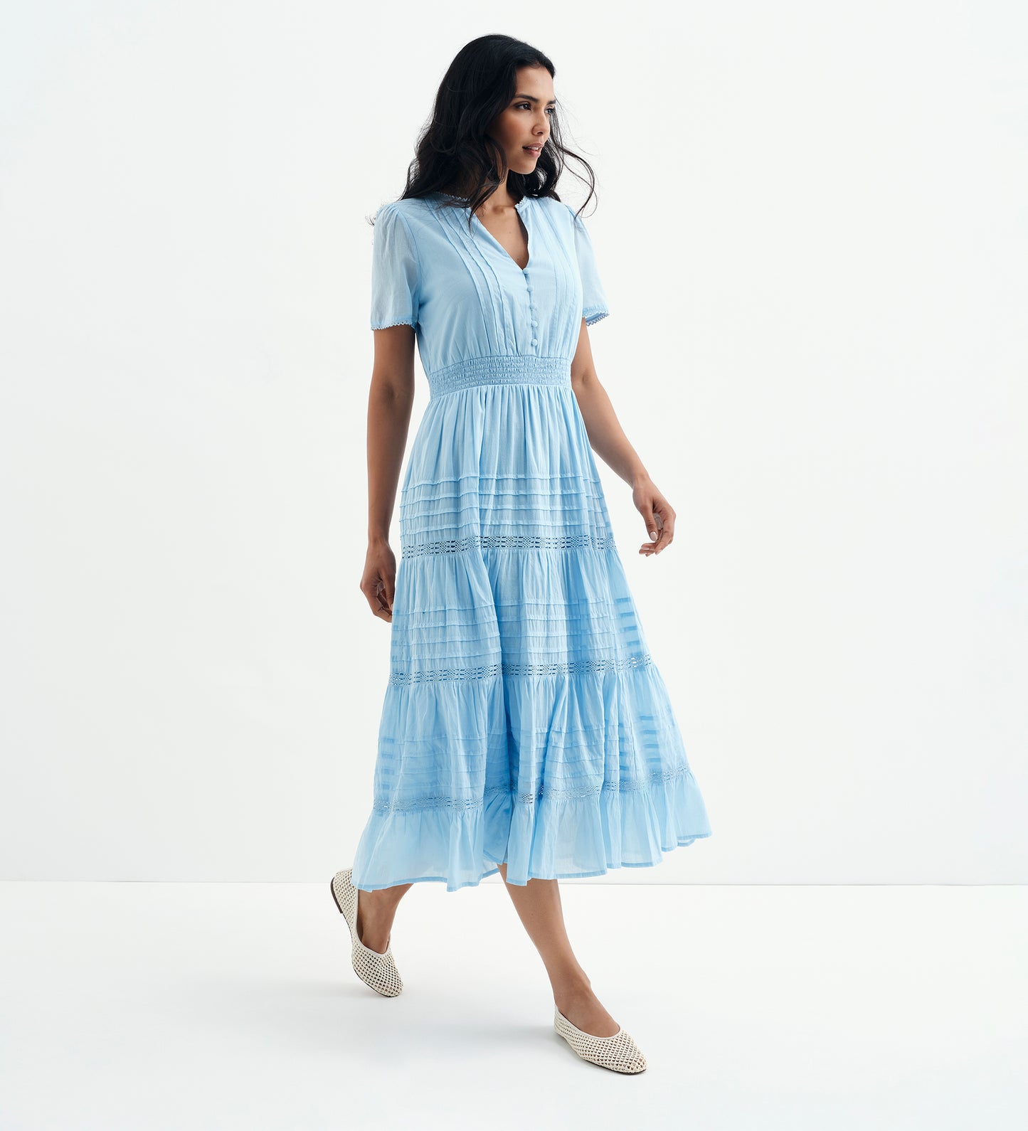 Juniper Pale Blue Cotton Lace Tiered Midi Dress