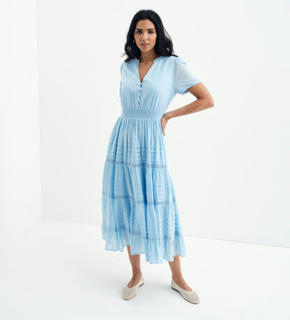 Juniper Pale Blue Cotton Lace Tiered Midi Dress
