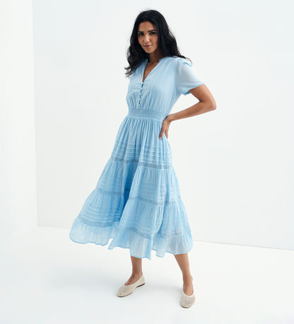 Juniper Pale Blue Cotton Lace Tiered Midi Dress