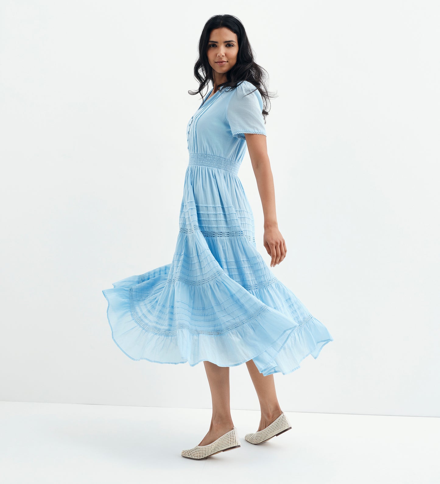 Juniper Pale Blue Cotton Lace Tiered Midi Dress