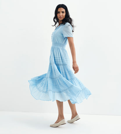Juniper Pale Blue Cotton Lace Tiered Midi Dress