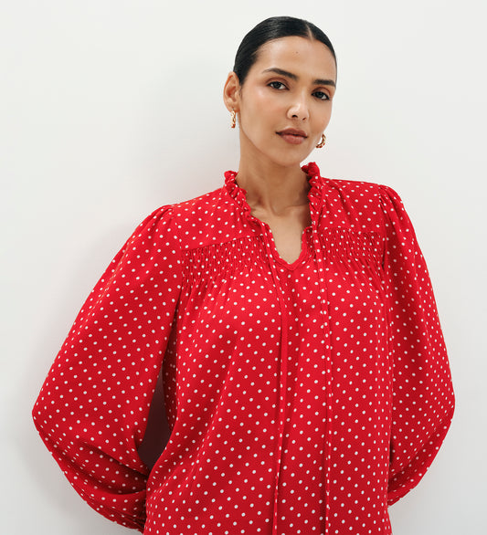 Kiya Red Polka Dot Frill Tie Neck Yoke Blouse