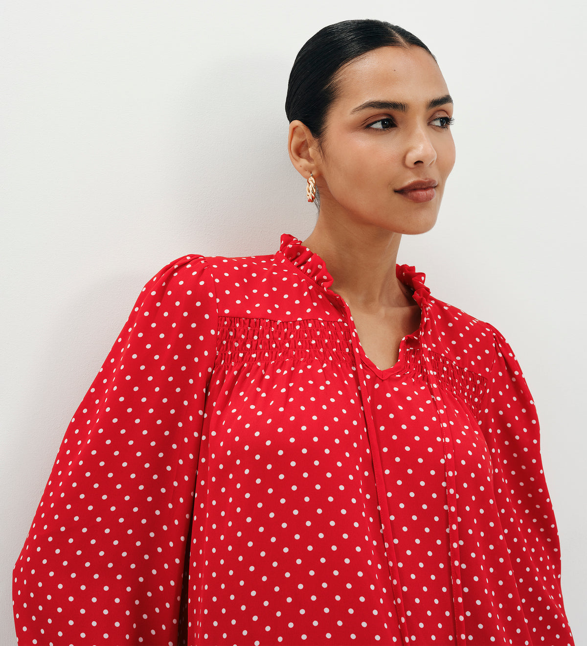 Kiya Red Polka Dot Frill Tie Neck Yoke Blouse
