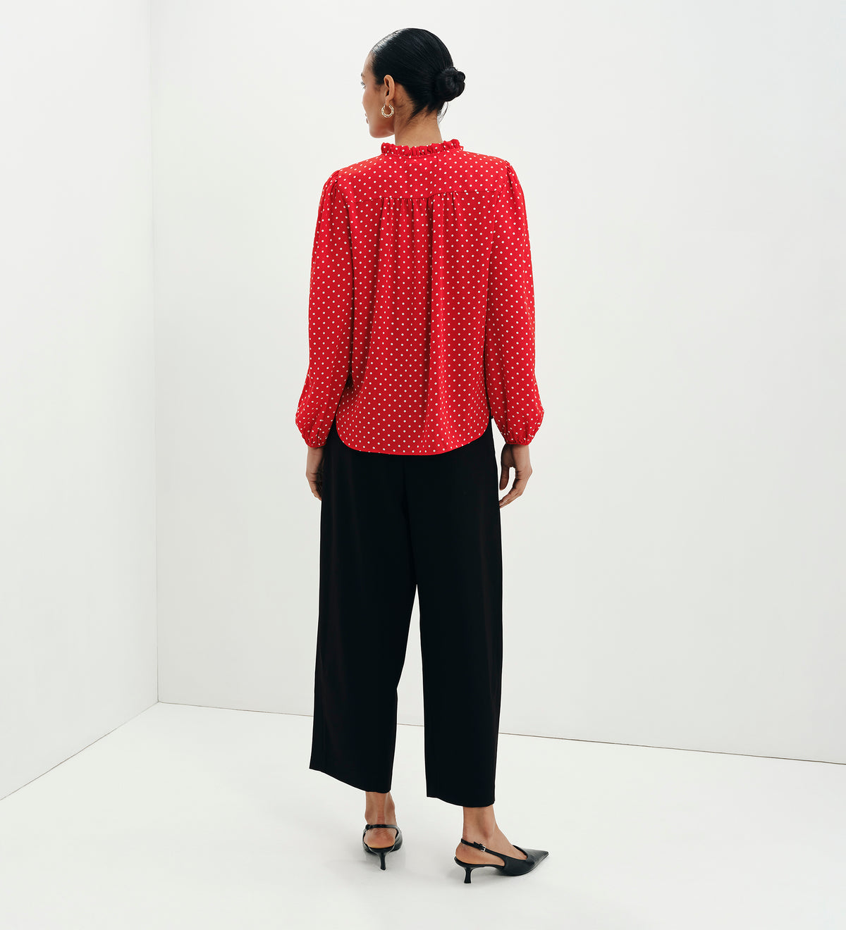 Kiya Red Polka Dot Frill Tie Neck Yoke Blouse