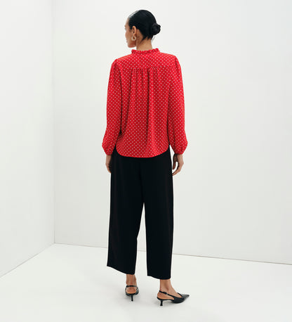Kiya Red Polka Dot Frill Tie Neck Yoke Blouse