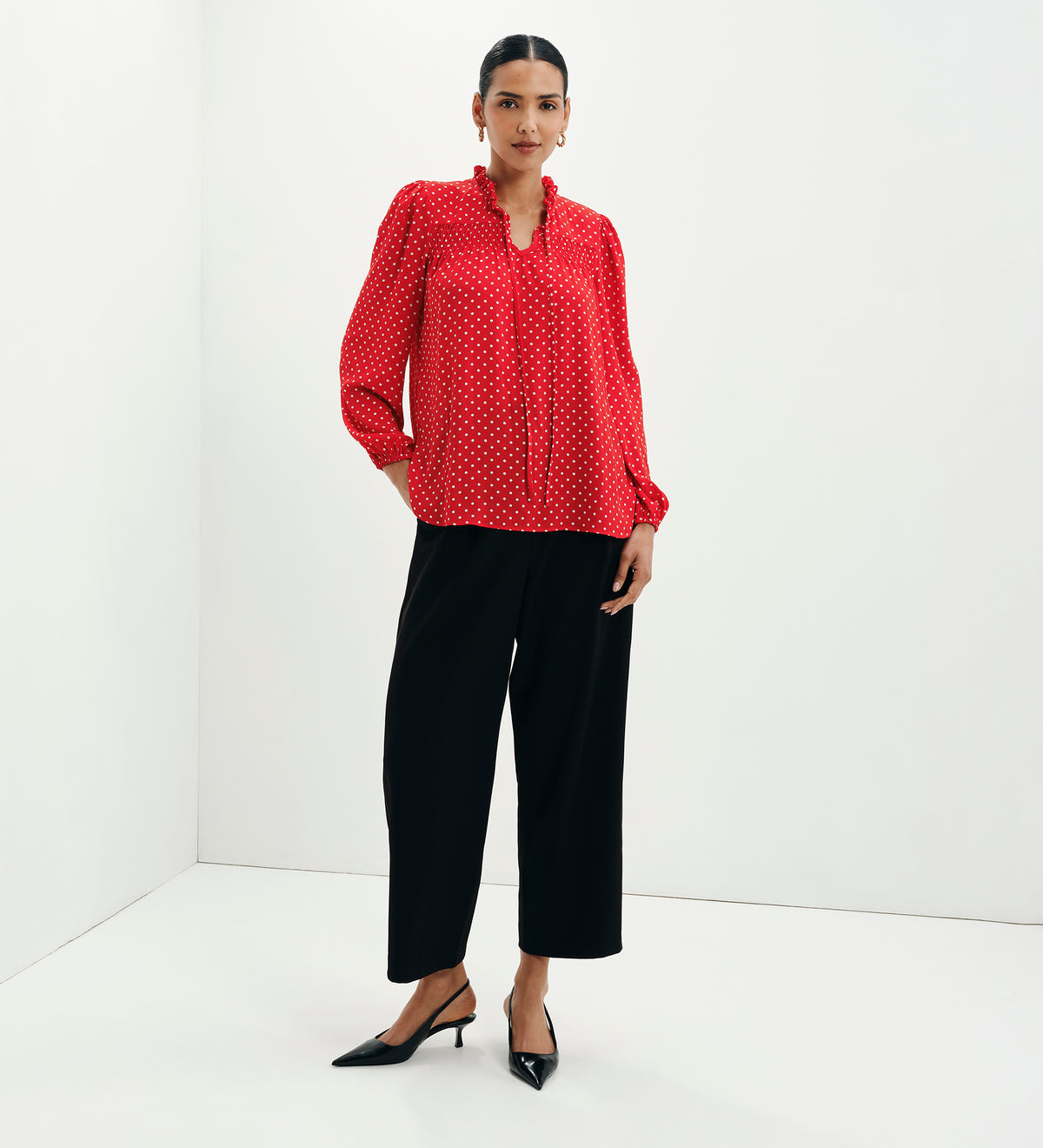 Kiya Red Polka Dot Frill Tie Neck Yoke Blouse