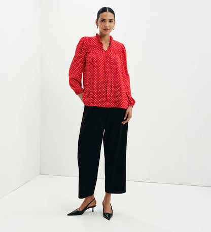 Kiya Red Polka Dot Frill Tie Neck Yoke Blouse