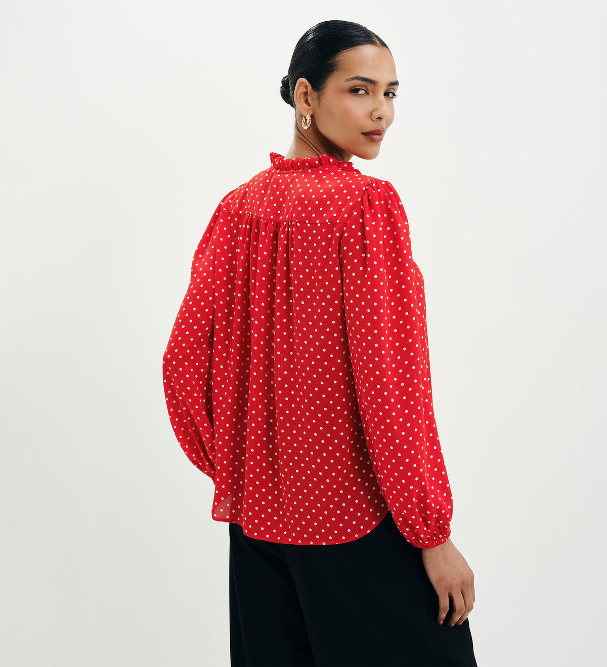Kiya Red Polka Dot Frill Tie Neck Yoke Blouse