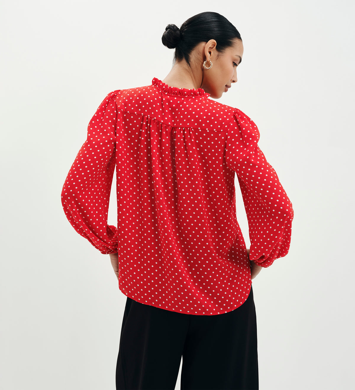Kiya Red Polka Dot Frill Tie Neck Yoke Blouse