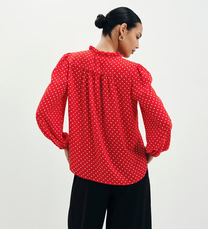 Kiya Red Polka Dot Frill Tie Neck Yoke Blouse