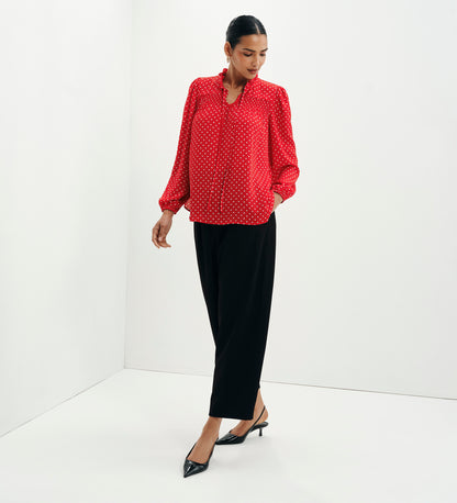 Kiya Red Polka Dot Frill Tie Neck Yoke Blouse