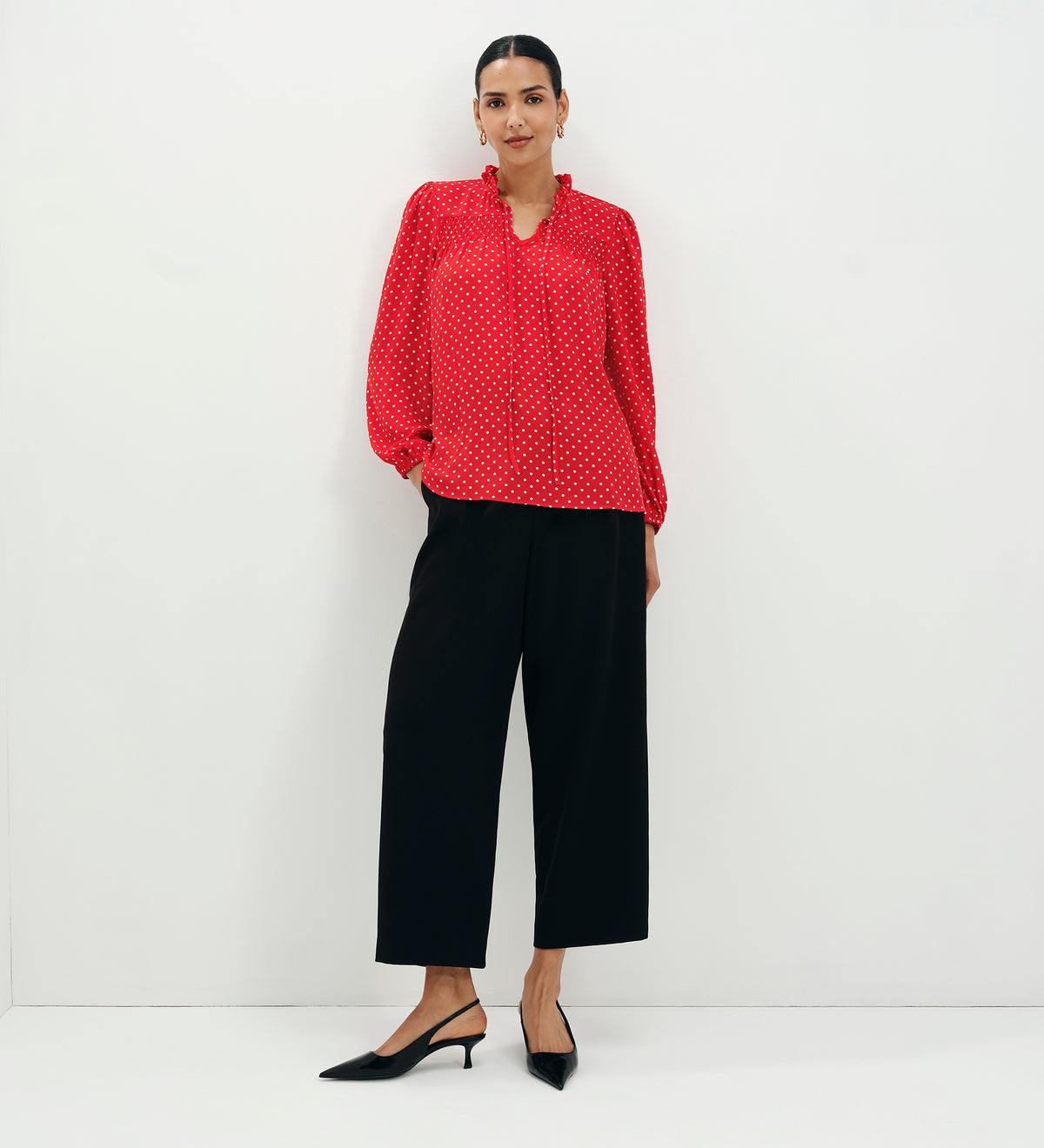 Kiya Red Polka Dot Frill Tie Neck Yoke Blouse