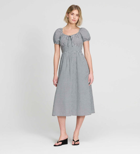 Kaitlyn Black Cotton Gingham Check Midi Dress