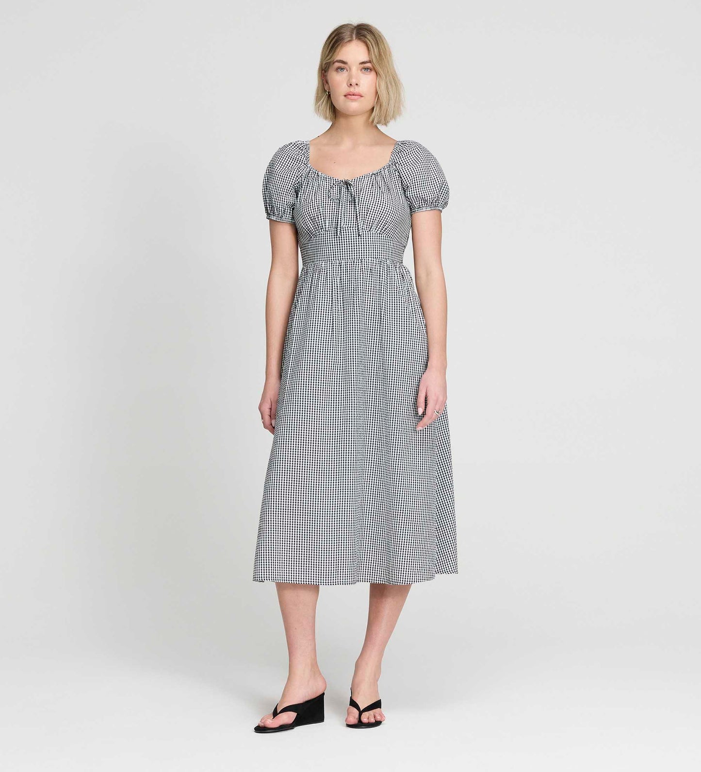 Kaitlyn Black Cotton Gingham Check Midi Dress