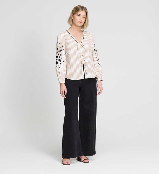 Karlee Neutral Stripe Embroidered Cotton Tie Front Blouse