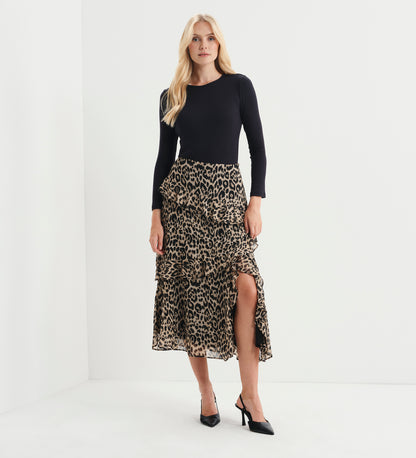 Kat Natural Animal Chiffon Asymmetric Ruffle Split Front Midi Skirt