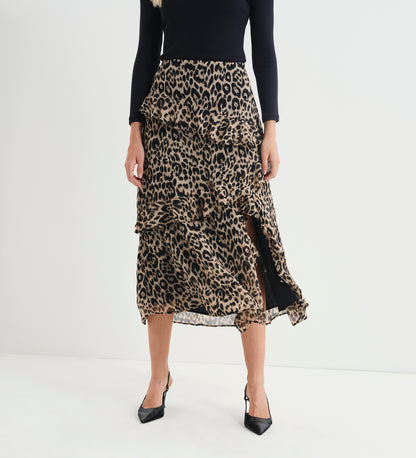 Kat Natural Animal Chiffon Asymmetric Ruffle Split Front Midi Skirt