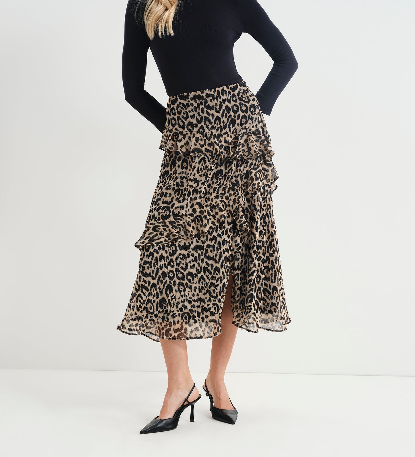Kat Natural Animal Chiffon Asymmetric Ruffle Split Front Midi Skirt