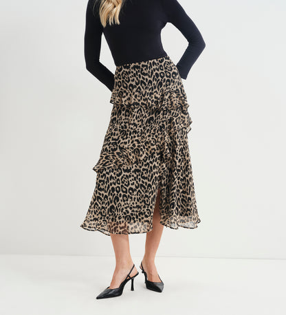 Kat Natural Animal Chiffon Asymmetric Ruffle Split Front Midi Skirt