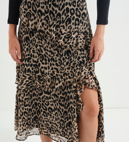 Kat Natural Animal Chiffon Asymmetric Ruffle Split Front Midi Skirt