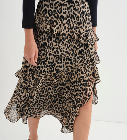 Kat Natural Animal Chiffon Asymmetric Ruffle Split Front Midi Skirt