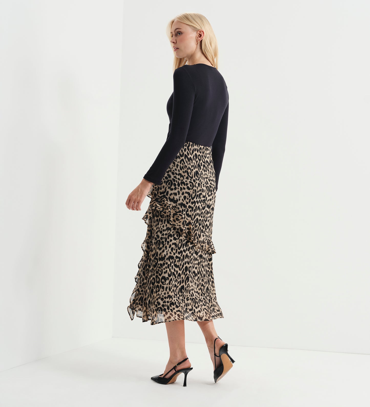 Kat Natural Animal Chiffon Asymmetric Ruffle Split Front Midi Skirt