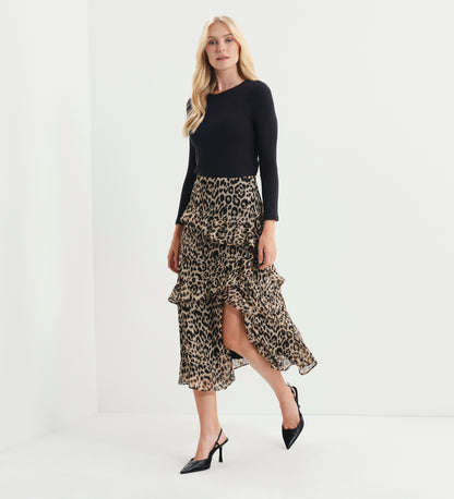 Kat Natural Animal Chiffon Asymmetric Ruffle Split Front Midi Skirt