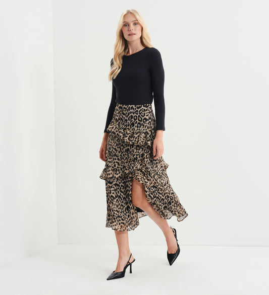 Kat Natural Animal Chiffon Asymmetric Ruffle Split Front Midi Skirt