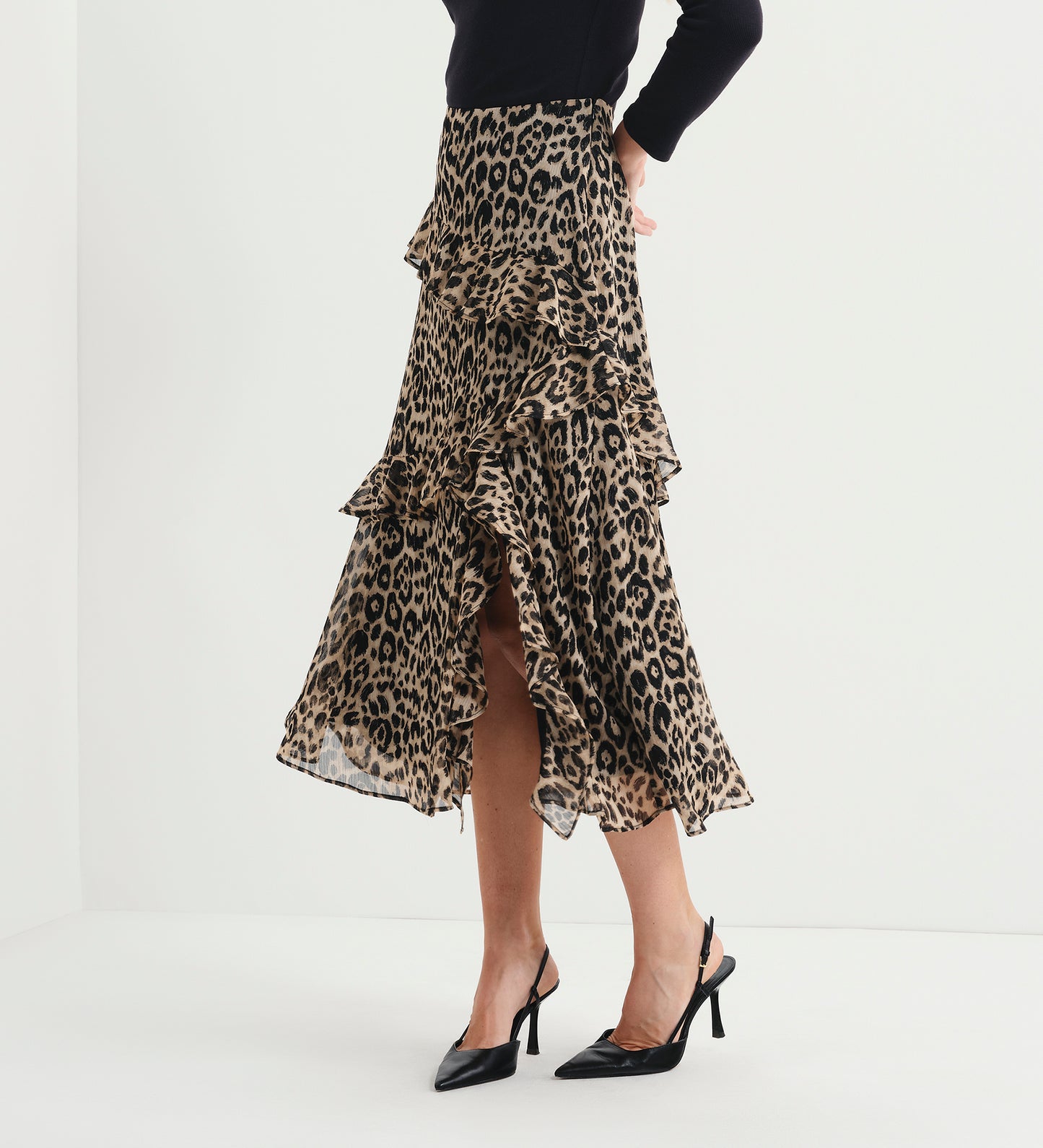 Kat Natural Animal Chiffon Asymmetric Ruffle Split Front Midi Skirt