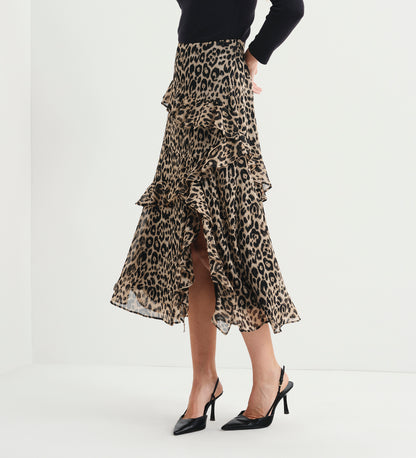 Kat Natural Animal Chiffon Asymmetric Ruffle Split Front Midi Skirt