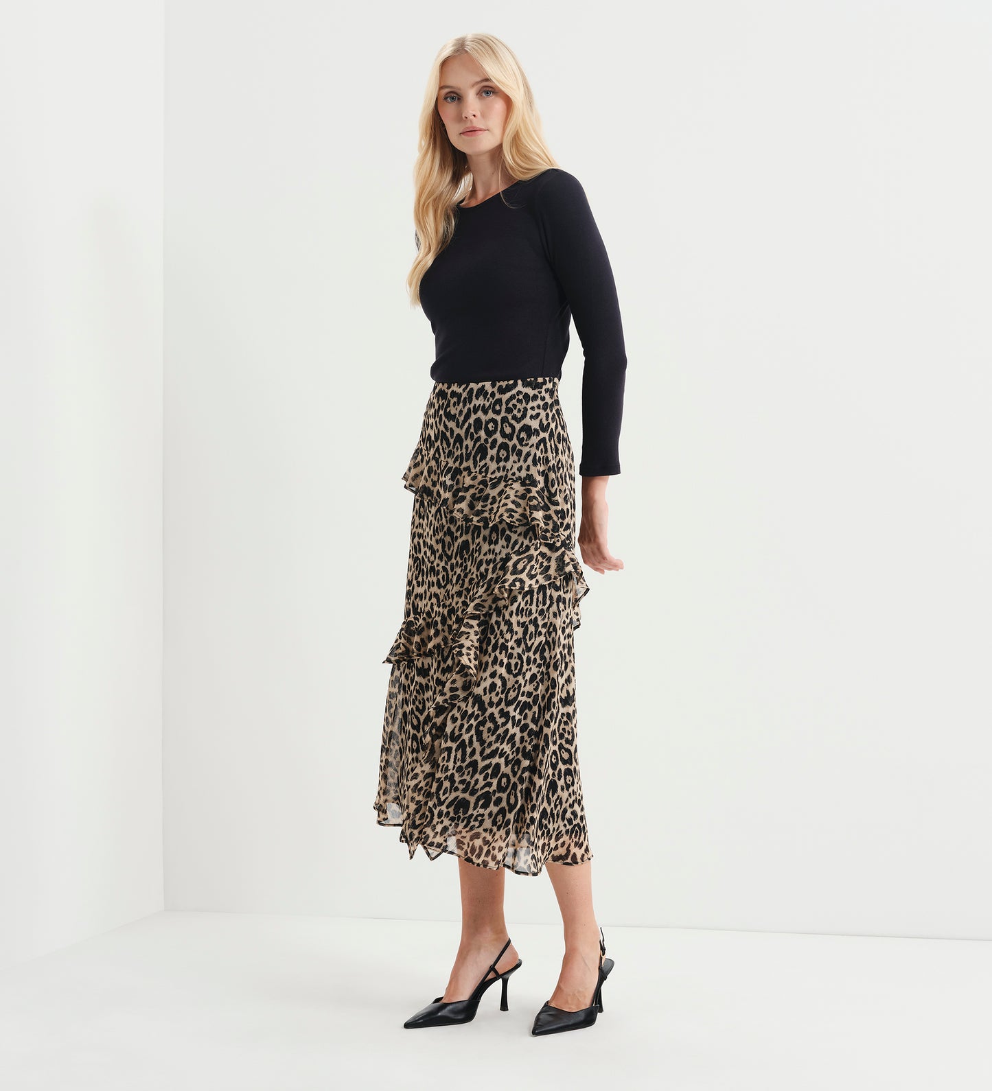 Kat Natural Animal Chiffon Asymmetric Ruffle Split Front Midi Skirt