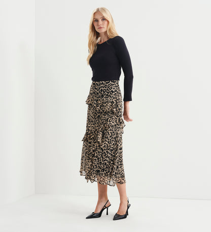 Kat Natural Animal Chiffon Asymmetric Ruffle Split Front Midi Skirt