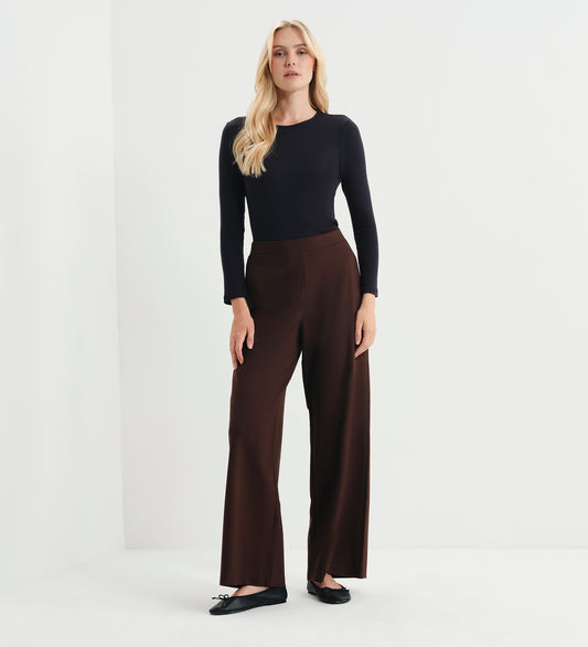 Kenzie Chocolate Ponte Jersey Wide Leg Trousers